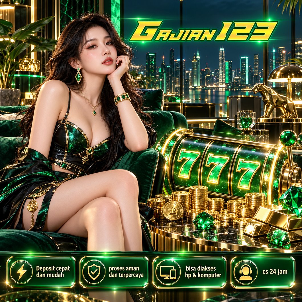 Banner GAJIAN123, ilustrasi hiburan digital bernuansa hijau dan emas