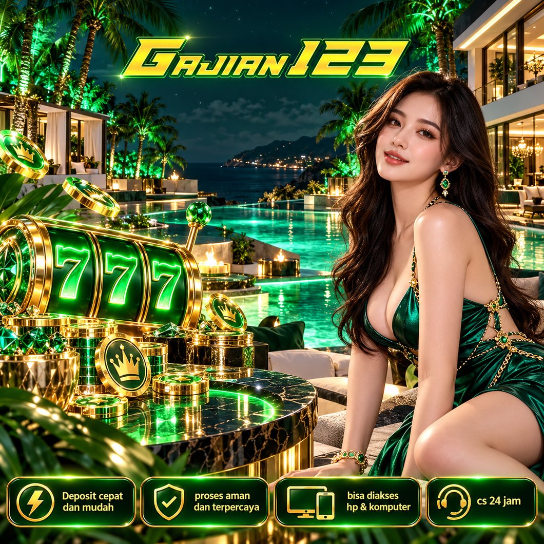 Banner GAJIAN123, ilustrasi hiburan digital bernuansa hijau dan emas