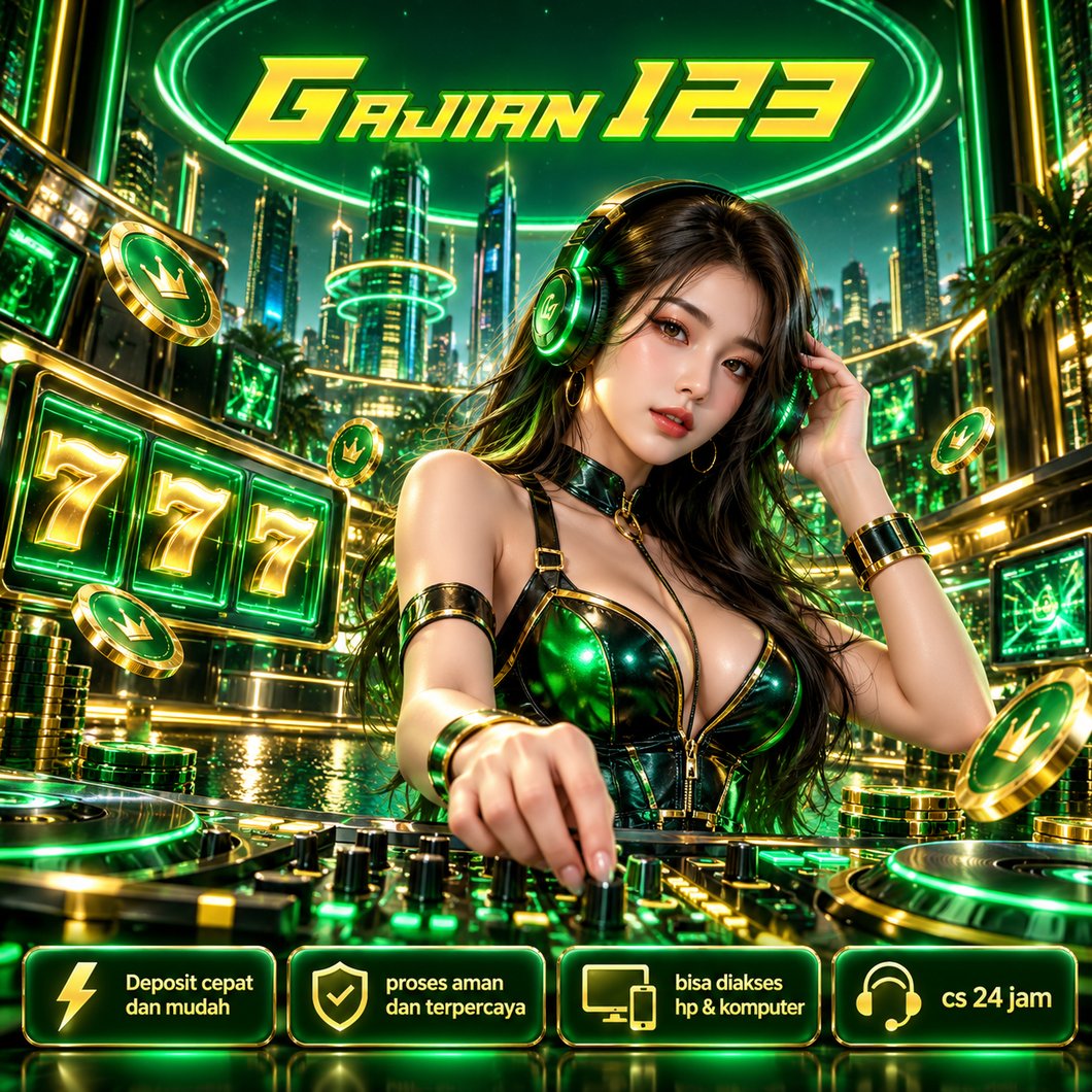 Banner GAJIAN123, ilustrasi hiburan digital bernuansa hijau dan emas